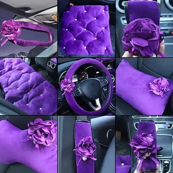 

Purple Crystal Diamond Car Interior Accessories Flower Steering Wheel Cover Headrest Waist Support Auto Seat Cushion