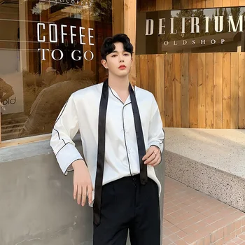 

Male Vintage Fashion Streetwear Hip Hop Party Dress Shirts Stage Show Costumes Harajuku Men Tie Long Sleeve Loose Casual Shirts