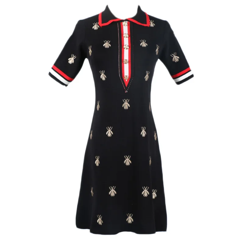 

EIJOQAN Summer New Women's wear Sleeve head Short sleeve Crown embroidery Medium-length slim knitted dress A224