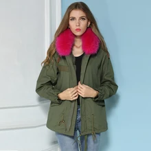 Модные ярко-розовый Цвет Большой Настоящее удалить воротник, женские зимние армейские Простые короткие весеннее пальто с капюшоном mr mrs одежда