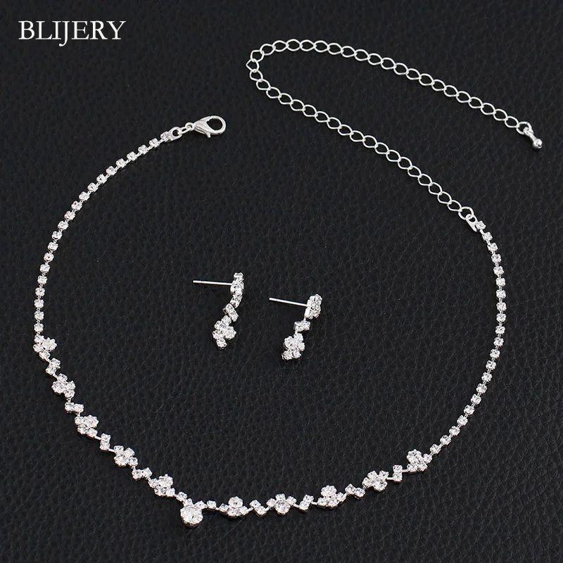 Bridal jewelry sets BLIJERY Silver plated crystal bridesmaid bridal jewelry sets geometric choker necklace earrings for women wedding jewelry sets