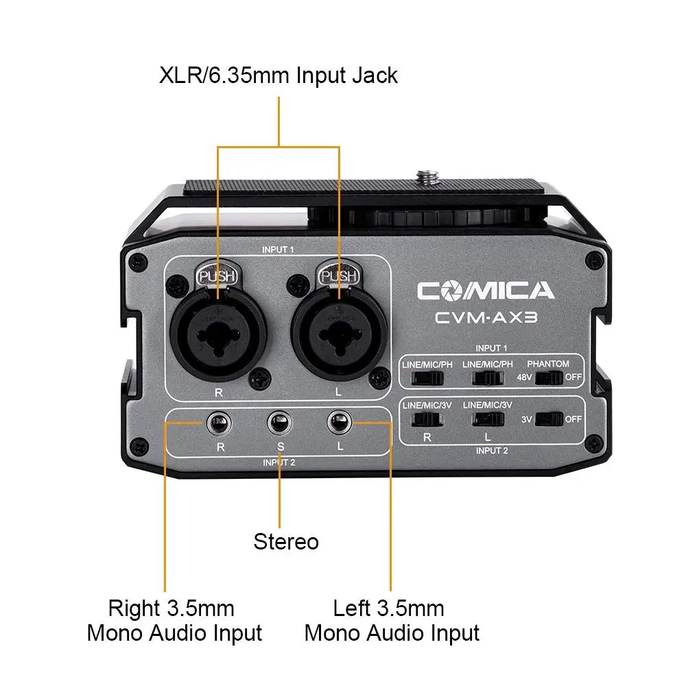 Comica CVM-AX3 XLR аудио адаптер смесителя предусилитель двойной XLR/3,5 мм/6,35 мм порт микшер для Canon Nikon DSLR камеры S& видеокамеры