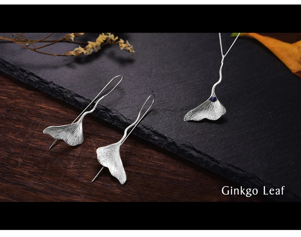 Muduh Collection Real 925 Sterling Silver Natural Handmade Designer Fine Jewelry Ginkgo Leaf Fashion Dangle Earrings for Women Brincos