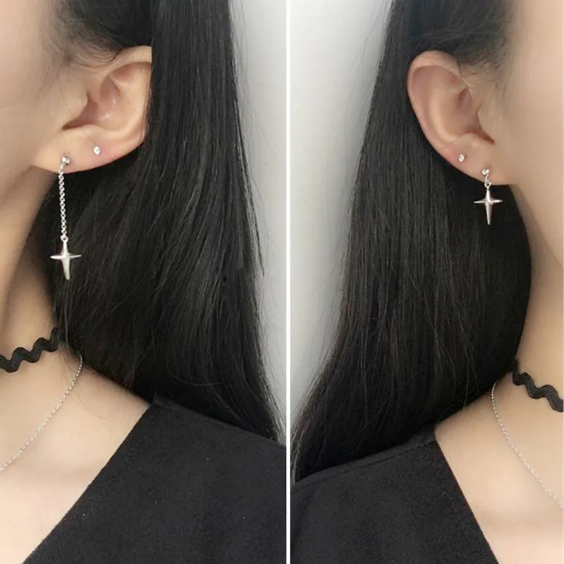 

Korean Fashion Minimalist Personality Creativity Asymmetrical Length Cross Long Drop Earring Christmas Gift Brincos