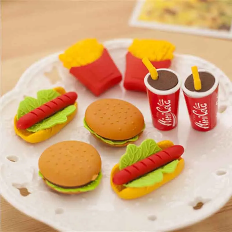 

1Pc Cute Kawaii Cake Hamburger Food Drink Cola Rubber Eraser Set Stationery School Office Erase Supplies Fruit Kids Gifts