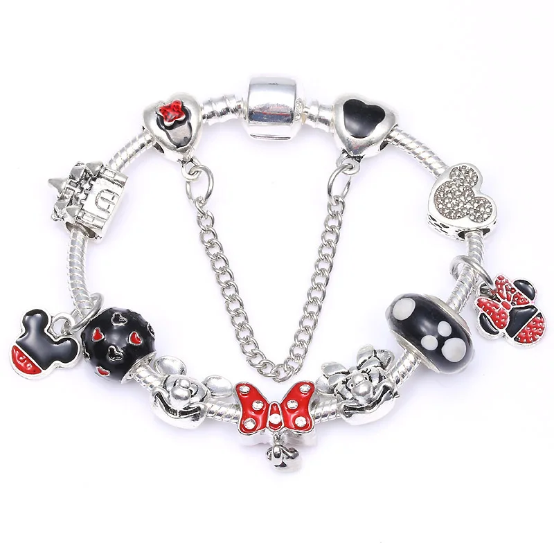 

Boosbiy Antique Silver Mickey Minnie Charm Bracelet & Bangle Red Enamel With Heart Pendant for Women Pandora Vintage Jewelry