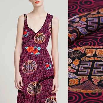 

114CM Wide 14MM Chinese Traditional Print Red Silk Crepe De Chine Fabric for Summer Dress Shirt Cheongsam Pants Pajamas B139