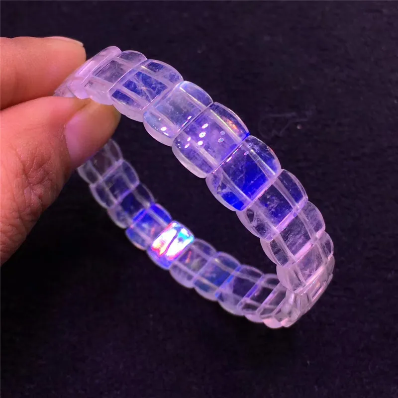 

Genuine Natural Strong Blue Light Moonstone Quartz Bangle For Woman Lady Crystal 10.5x4mm Barrel Shape Stretch Bracelet