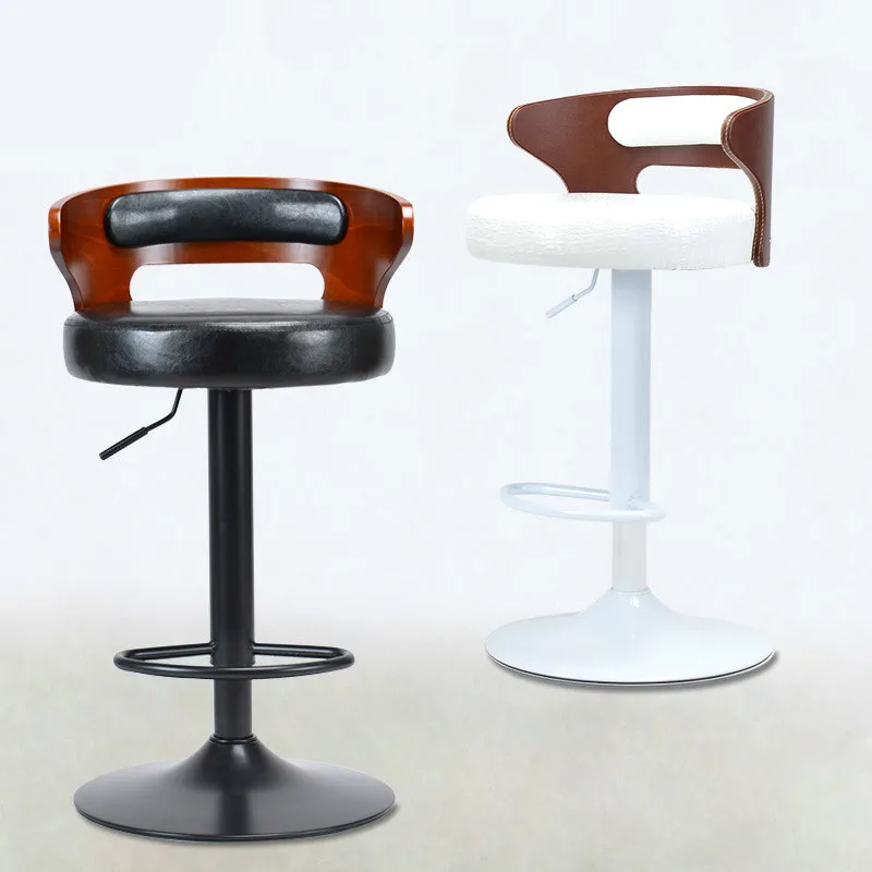 Simple Metal & Wooden Bar Chair Lifting Swivel Bar Stool with Footrest Natural Retro Design Adjustable Height Reception Chair