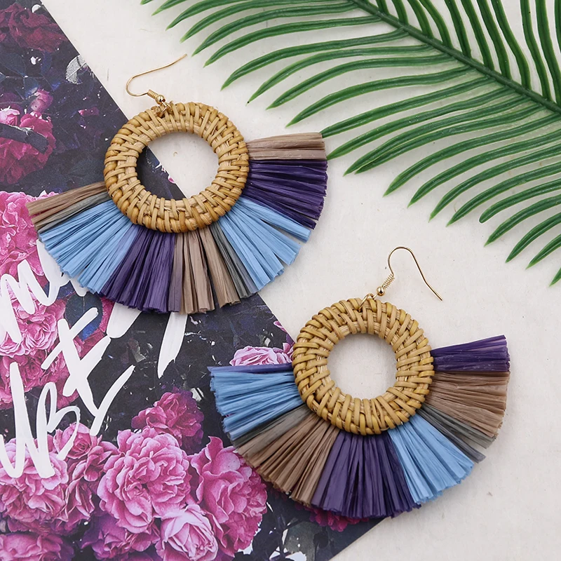Vintage Raffia Tassel Earrings for Women Straw Wicker Rattan Earring