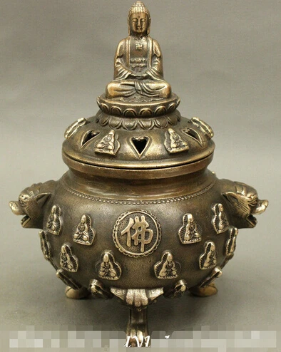 

Fast shipping 6 " Tibet Buddhist Bronze Shakyamuni Buddha Lion Head Statue Incense Burner Censer