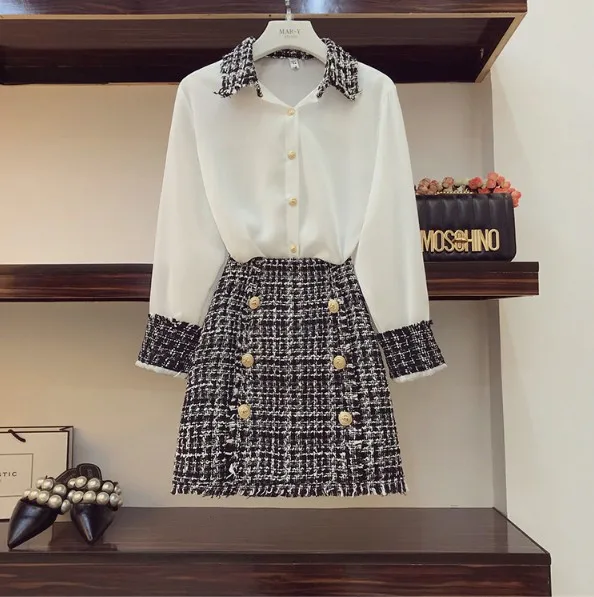 

Spring and Autumn Women Splicing Lapel Chiffon Blouse Shirt + High Waist Tweed Skirts Two Peices Ladies Elegant Skirt Suits