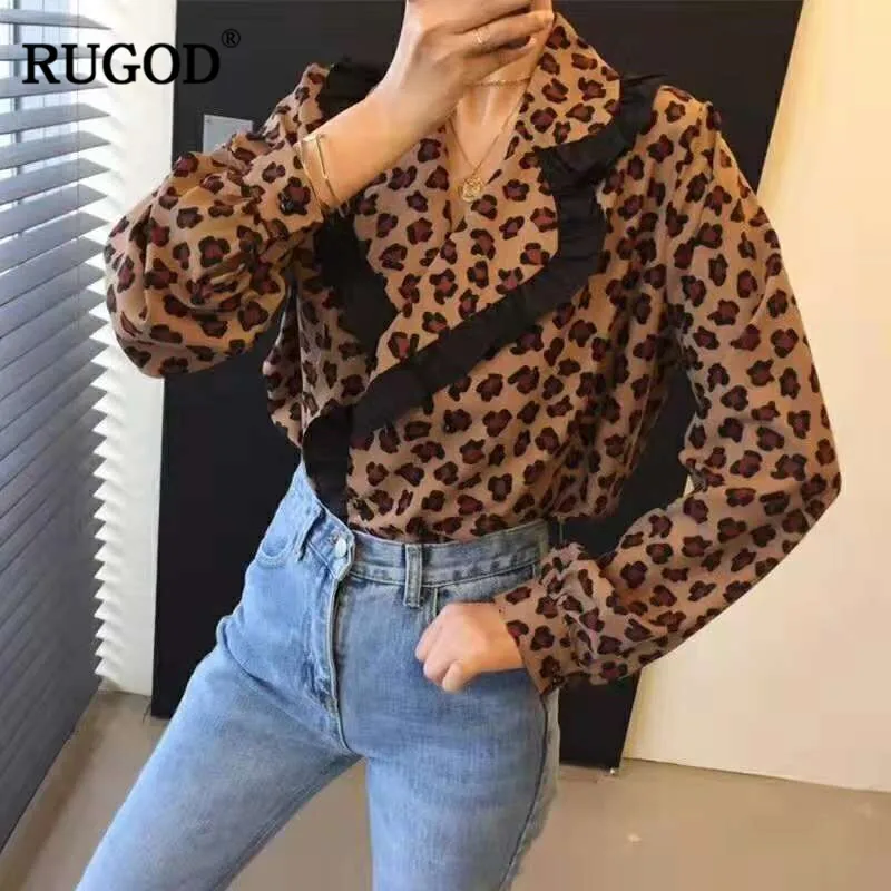 RUGOD Chic Leopard Shirt Корейская модная одежда Женщины Блузки с длинным рукавом отложным