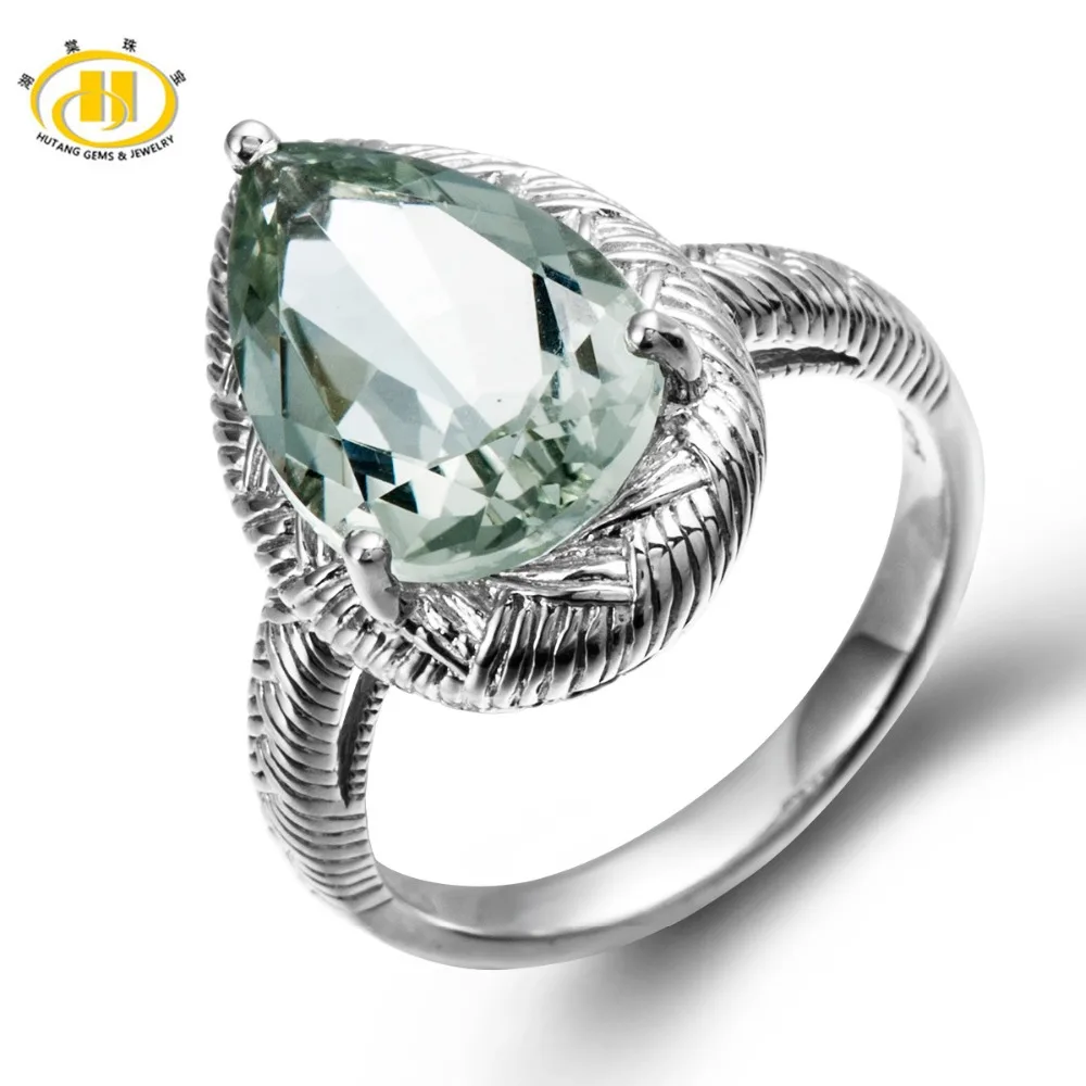 

Hutang Trendy Solid 925 Sterling Silver Ring Natural Green Water Drop Amethyst Cocktail Ring Gemstone Fine Jewelry Women's Party