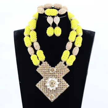 

2017 Splendid Yellow Gold African Crystal Bib Statement Necklace Set Nigerian Beads Jewelry Set for Women Free Shipping WE140