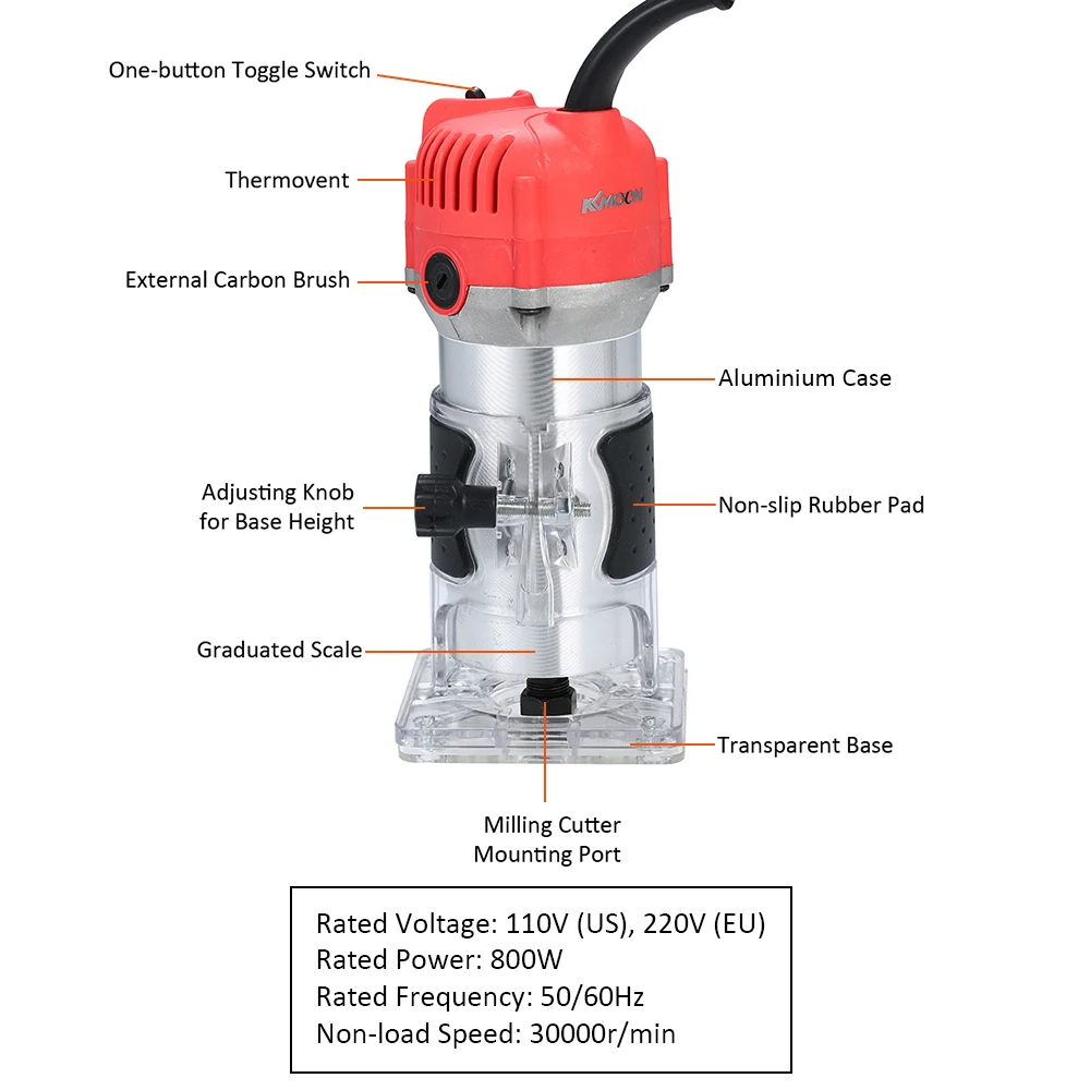 220V 800W Electric Trimmer Handheld Laminate Edge Trimmer Collet Wood Router Woodworking Milling Engraving Slotting Machine