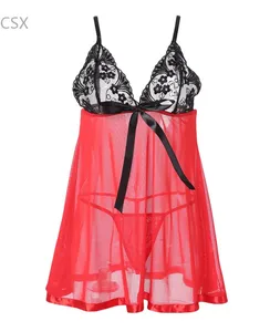 Women's Red Sexy Lingerie Lace Dress Sheer Babydoll Sleepwear Underwear G-String 35