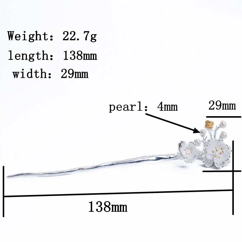 Винтажная заколка для волос из серебра 925 пробы с натуральным жемчугом и цветком сливы, ручная работа, заколки для волос для женщин, украшения для волос