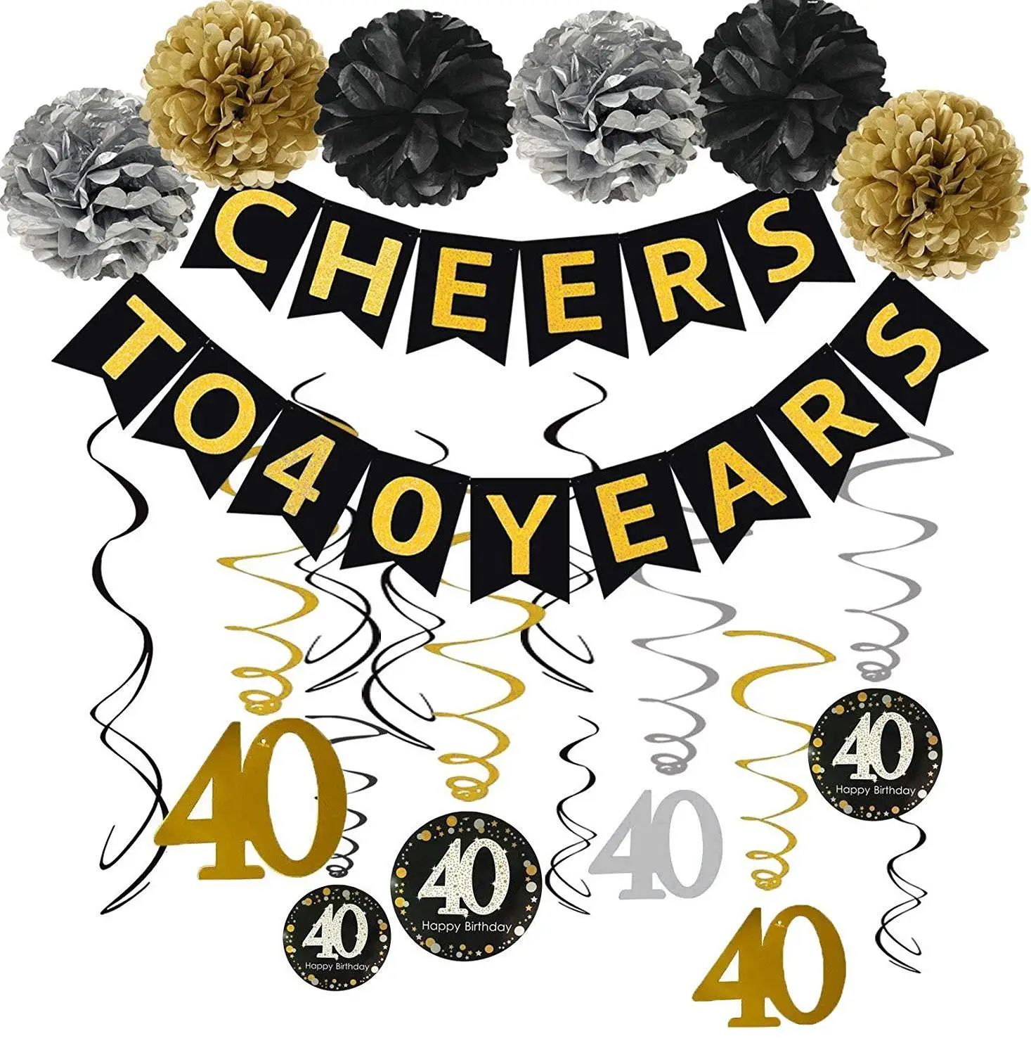 

Gold Glittery Cheers to 40 Years Banner with Pom Poms 40th Sparkling Hanging Streamers for 40th Birthday Party Decorations