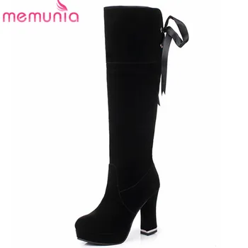 

MEMUNIA 2020 black new arrive knee high boots women flock autumn winter boots round toe high heels boots fashion platform shoes