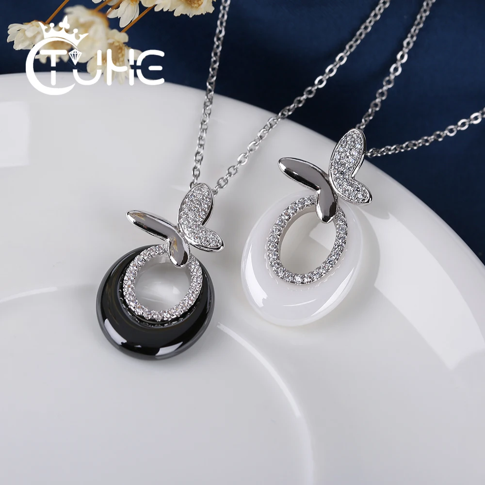 Black White Necklaces &amp Pendant Ceramic Crystal Necklace Transparent Glaze Silver Chain Butterfly Wedding Jewelry Gift | Украшения и