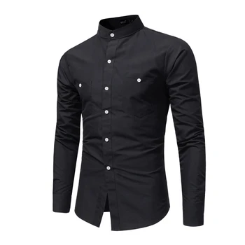 

Brand 2018 Fashion Male Shirt Long-Sleeves Tops Stand Collar Young Solid Color Shirt Mens Dress Shirts Slim Men Shirt XXXL