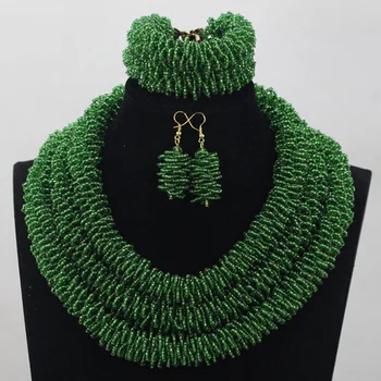 

Fashionable Handmade Rope Chain Seed Crystal African Beads Jewelry Sets Green Nigerian Wedding Jewellery Free Shipping WD849