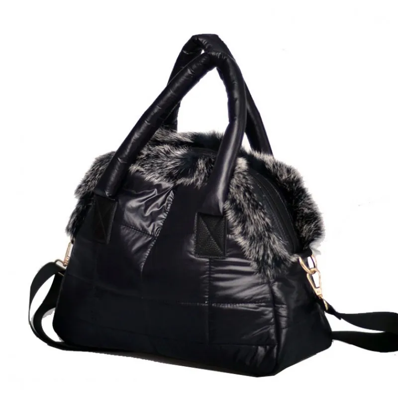 Kopen 2018 Nieuwe Handtassen Luxe Designer Vrouwen Konijnenbont Handtassen Nieuwe winter Gewatteerde Zak Zachte Katoenen Ruimte Handtassen Vrouwen Schouder