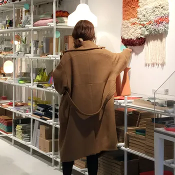 

U-SWEAR Fashion Autumn Loose Turn-down Collar Thickening Type Simple Elegant Women Woolen Coat With Belt abrigo mujer