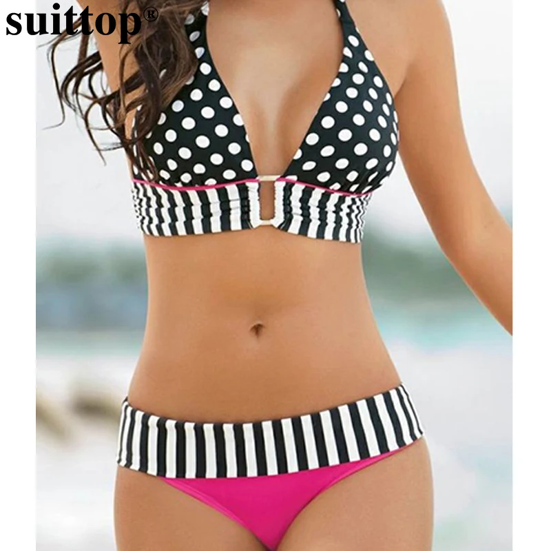 suittop Dot Striped Swimwear Women Mid Waist Bikini Set Swimsuit Sexy