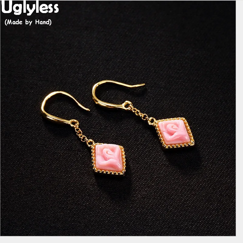 Uglyless Geometric Fine Jewelry for Women Natural Pink Shell Earrings Handmade Rose Flower Gold Plated Solid 925 Silver | Украшения и