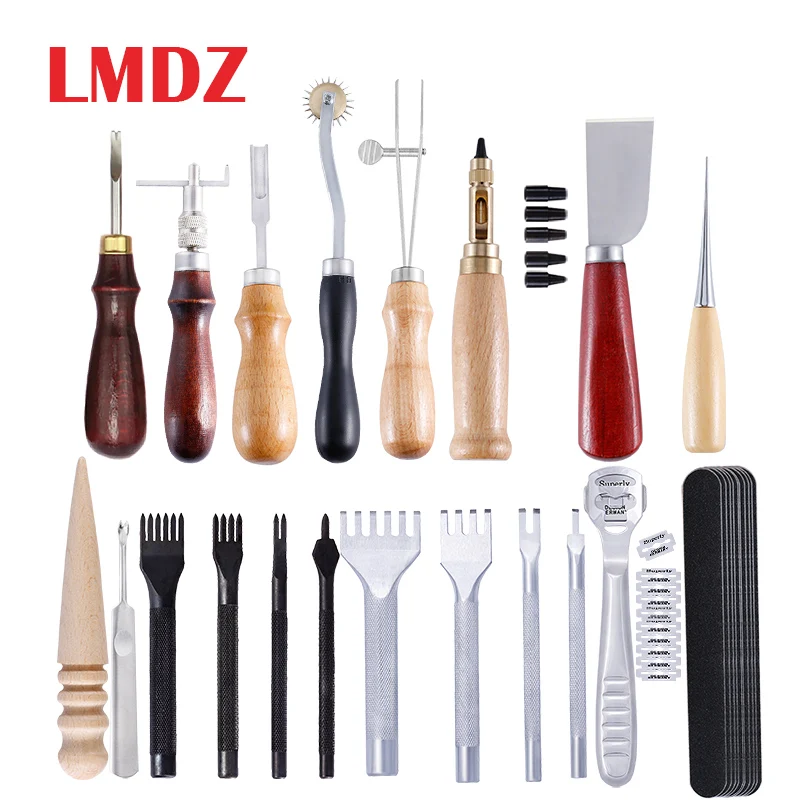 

LMDZ 29Pcs Leather Craft Punch Tools Set Stitching Carving Working Sewing Saddle Groover Leather Craft DIY Tools Leathercraft