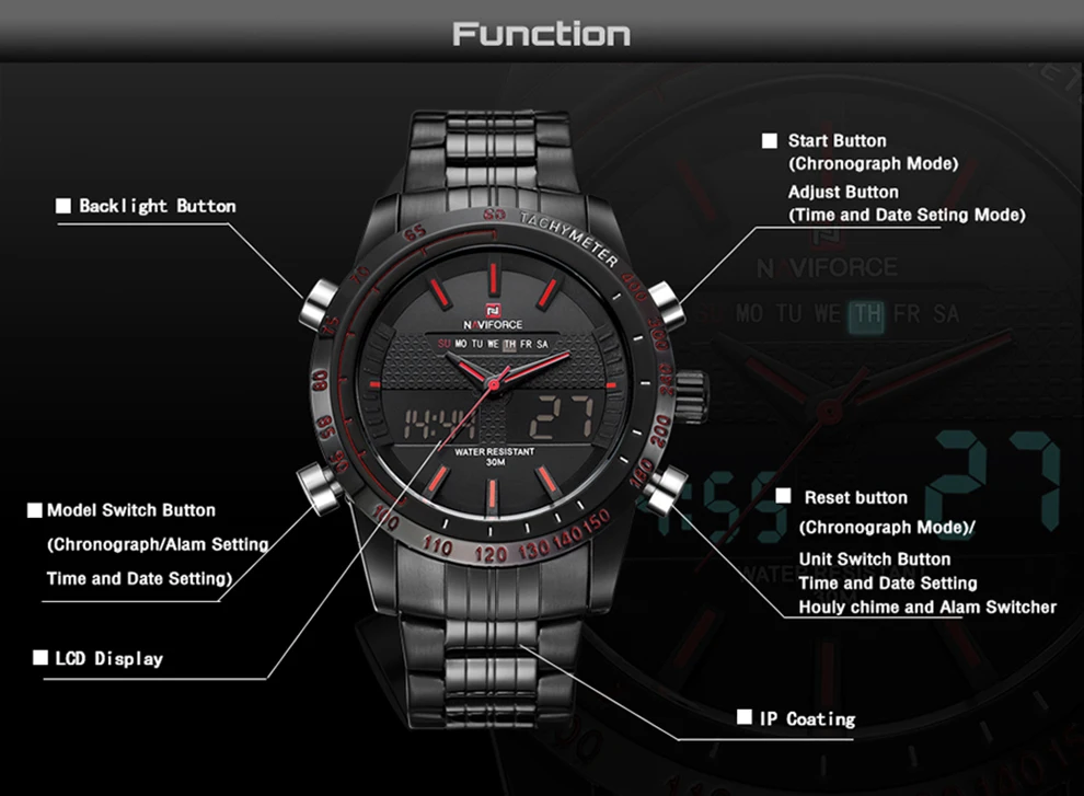 NAVIFORCE, мужские водонепроницаемые спортивные часы, полностью стальной светодиодный, цифровой аналоговый, военные кварцевые наручные часы, мужские часы