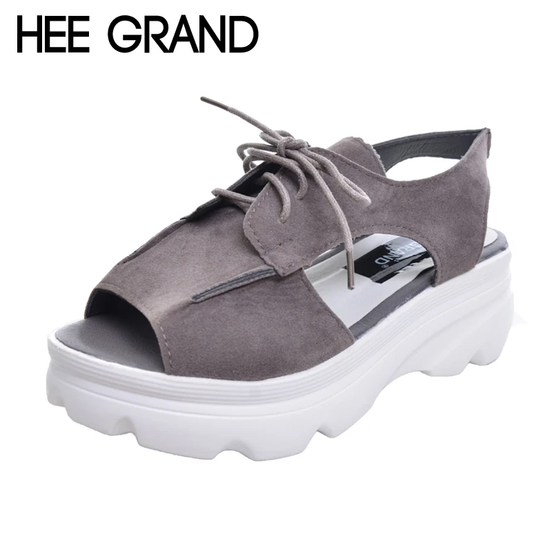 Hee Grand/модные Кружево Up Сандалии на каблуке женская летняя обувь клин платформе