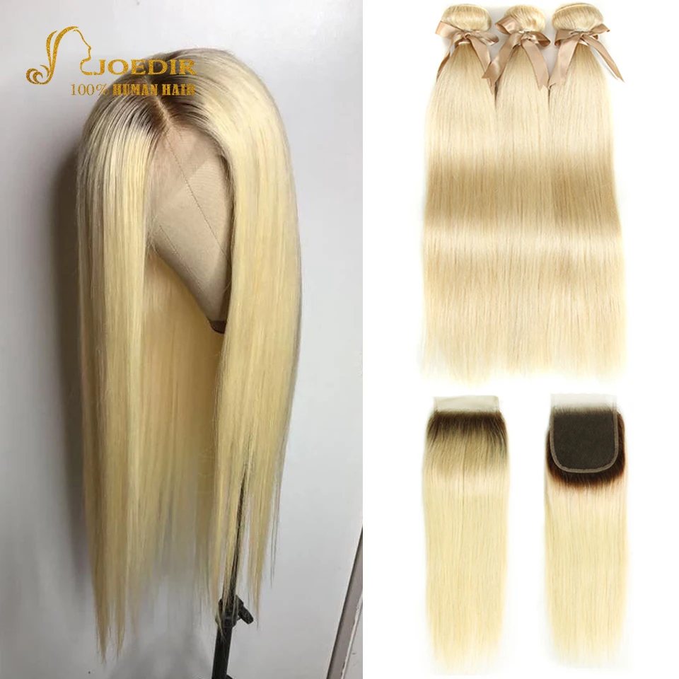 

Joedir Honey Blonde Bundles With Closure Brazilian Remy Straight Human Hair 613 Bundles With Dark Roots Closure Free Shipping
