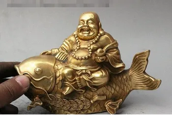 

YM 308 China Buddhism Brass Yuanbao Money Happy Laugh Maitreya Buddha Ride Fish Statue