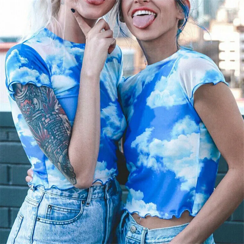 

Good Friends New Women Blue Sky Clouds Mesh Sheer See Through Lace Up Female O neck Fashion Cropped Tops Female Summer Tee Shirt