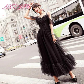 

AXJFU Luxury boat neck flower evening dress princess black lace illusion beach vintage evening dress 100% real photos