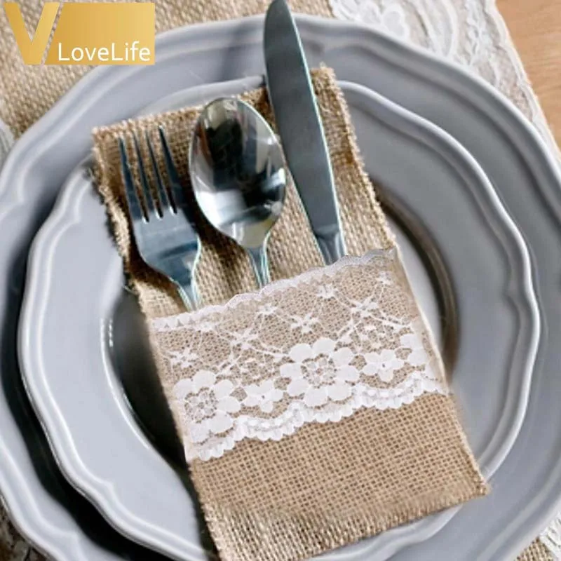 

50pcs Burlap Lace Cutlery Pouch Wedding Tableware Party Supplies Holder Bag Hessian Rustic Jute Table Decoration Accessories