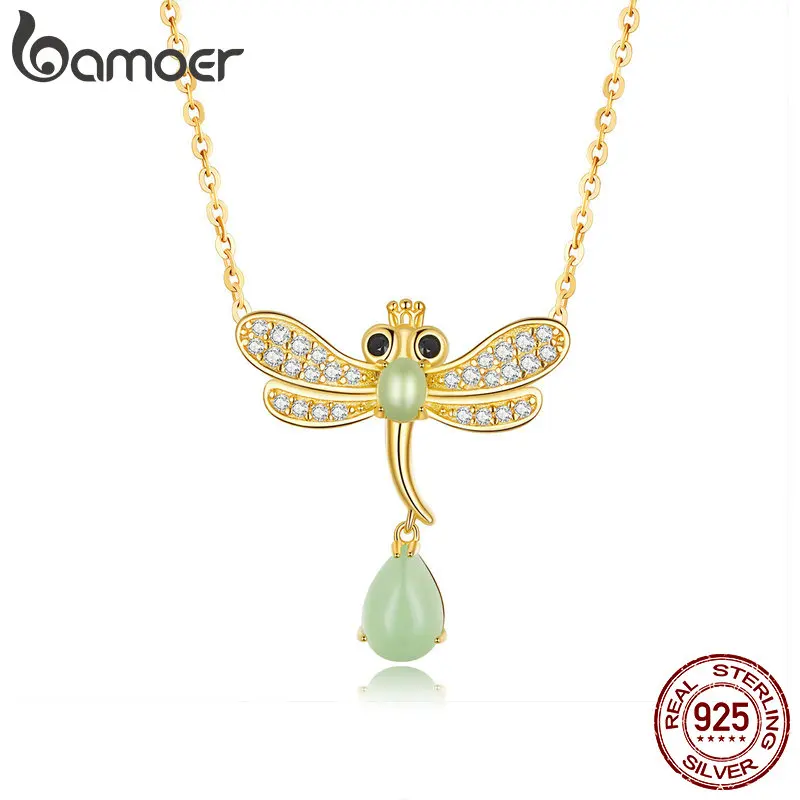 

bamoer Dragonfly Jade Necklace for Women Genuine 925 Sterling Silver Clear CZ Paved Waterdrop Necklaces Fine Jewelry BSN061