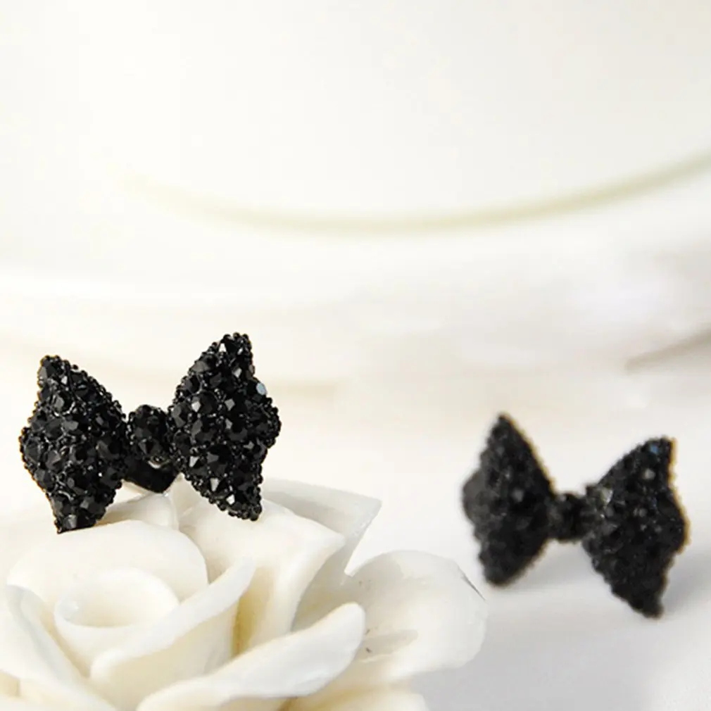 

0297 Korean Fashion Full Rhinestone Bow Earrings Alloy Black Sesame Pearl Earrings Gift