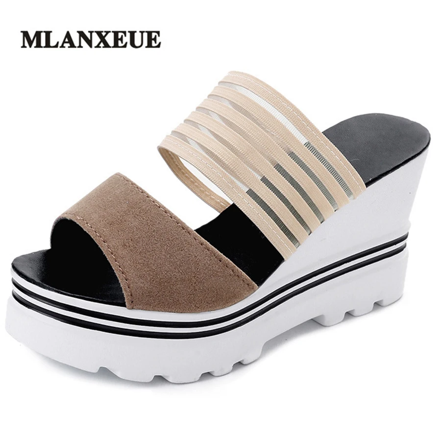 

MLANXEUE Stripe Open Toe Women Sandals Thick bottom Wedges Non-slip Woman Slippers Summer Fashion Lady Shoes Casual Flip Flops
