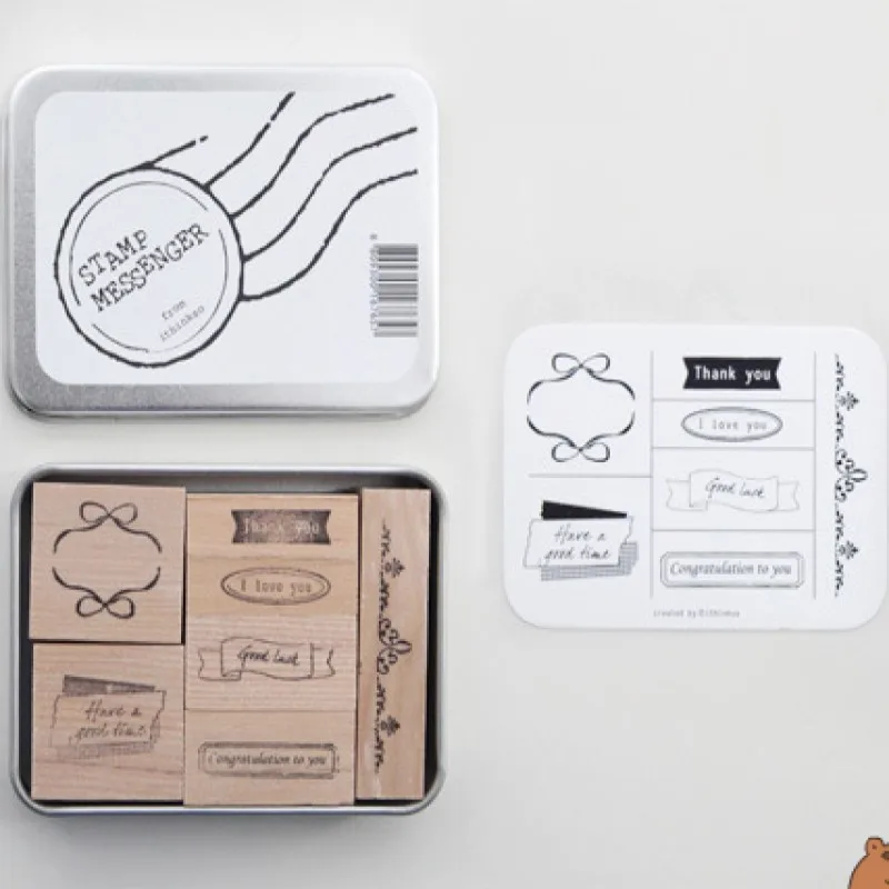 

2014 Tin box wooden stamps stamps messager blessing words stamps wood seal 7pcs/set free shipping