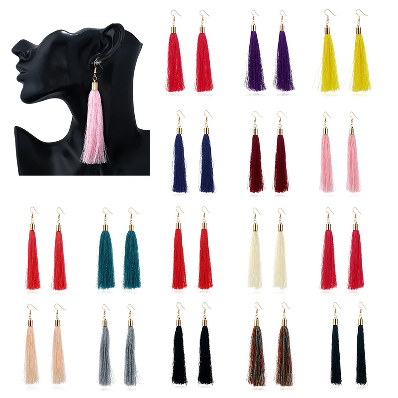 Vintage Ethnic Long Tassel Drop Earring for Women Jewelry Fashion Black White silk Dangle Earrings for girl aros mujer oreja