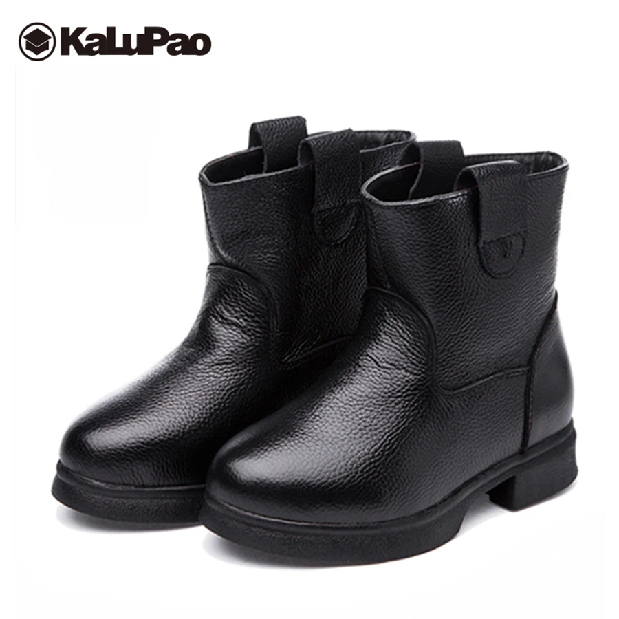Kalupao/ботинки из натуральной кожи; зимние ботинки для девочек; зимние ботинки для мальчиков и девочек; цвет черный, красный; шерстяные зимние ботинки на резиновой подошве для мальчиков и девочек