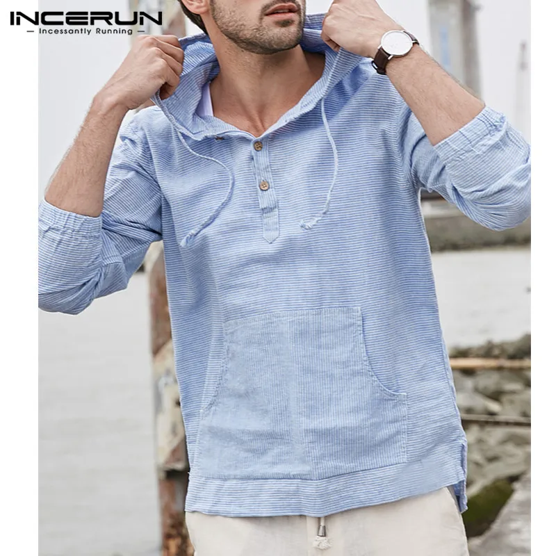 Tanie Męskie lniane koszulki z kapturem z długim rękawem kieszenie w paski regularny krój swetry bawełniane oddychające klasyczne koszulki Hiphop męska bluzka