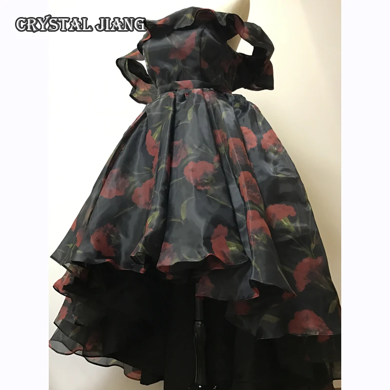 

2K17 Prom Ball Gown Black Organza With Red Flowers High Low Off Shoulder Formal Dresses Arabic Real Image
