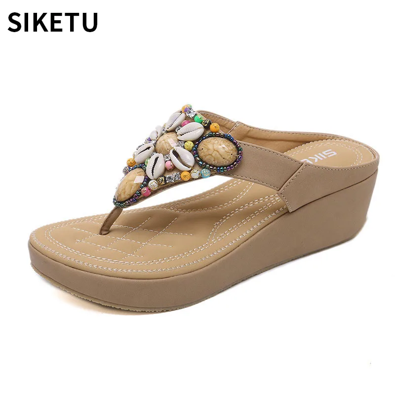 

New Arrival Women Summer Leather Strap Sandals Top Quality Shell Rhinestone Design Female Bohemian Beach Sandals