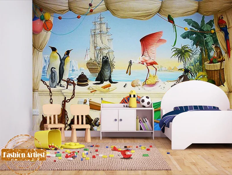

Custom mediterranean sea vessel wallpaper mural animal penguin kangaroo monkey tv sofa kid's bedroom living room cafe restaurant