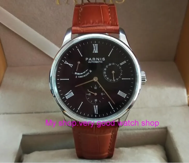 

PARNIS 40mm black dial Automatic Self-Wind movement power reserve men's watch Auto Date Mechanical watches wholesale 329a